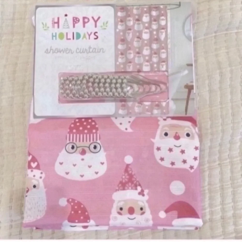 New Pink Santa Shower Curtain with Shower Hooks